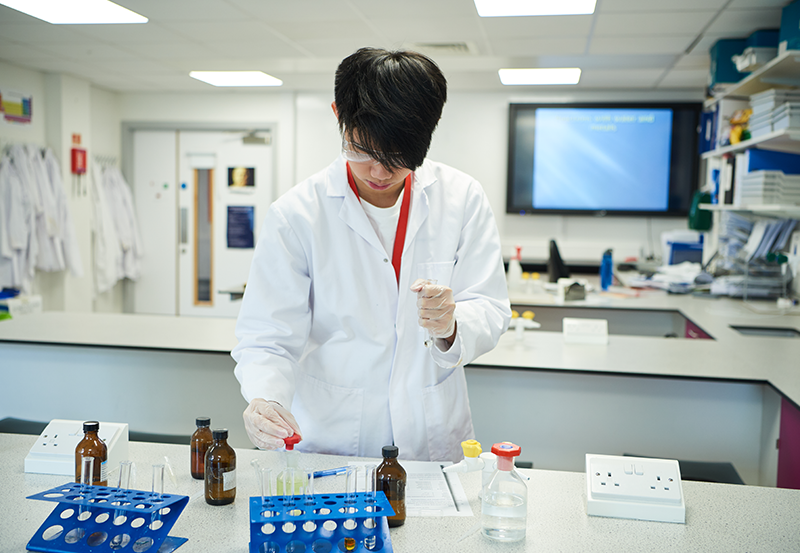 Abbey College Cambridge Student In Chemistry Laboratory